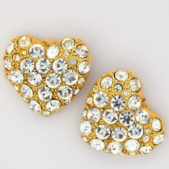 Clip On Crystal Rhinestone Heart Earrings Gold Tone Glamorous Sparkle Statement - Picture 1 of 7
